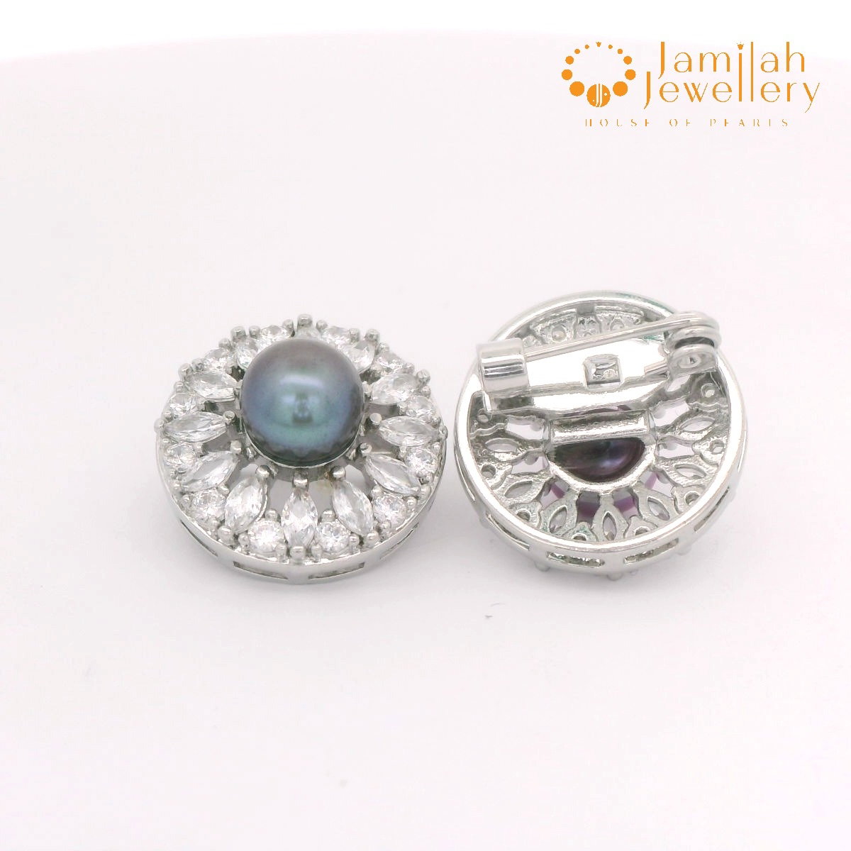 Multicut White Cubic Zirconia Baby Brooch Rhodium Plated Dark Grey Hue Freshwater Pearl_0