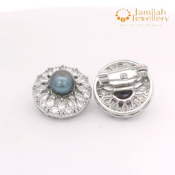 Multicut White Cubic Zirconia Baby Brooch Rhodium Plated Dark Grey Hue Freshwater Pearl