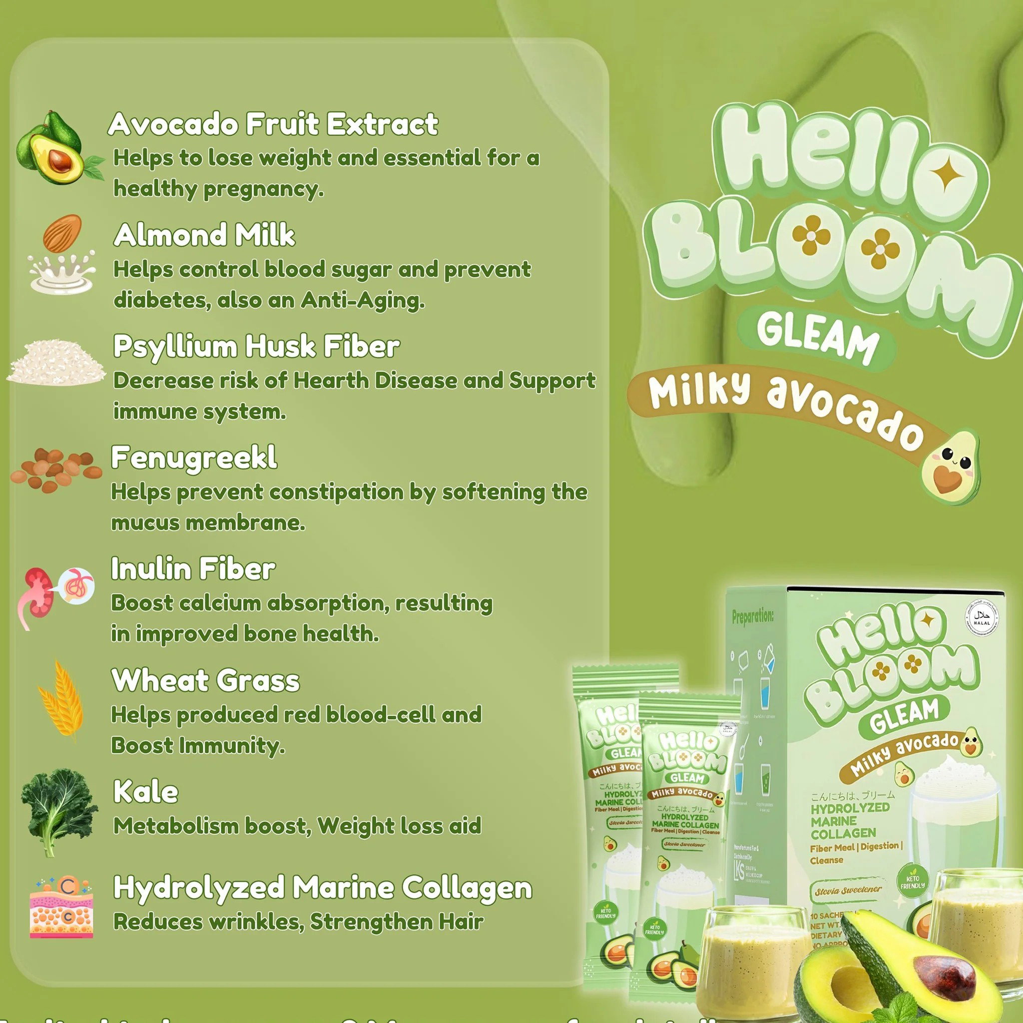 Hello Bloom Gleam Milky Avocado Collagen Beauty Drinks -10 Sachets_1