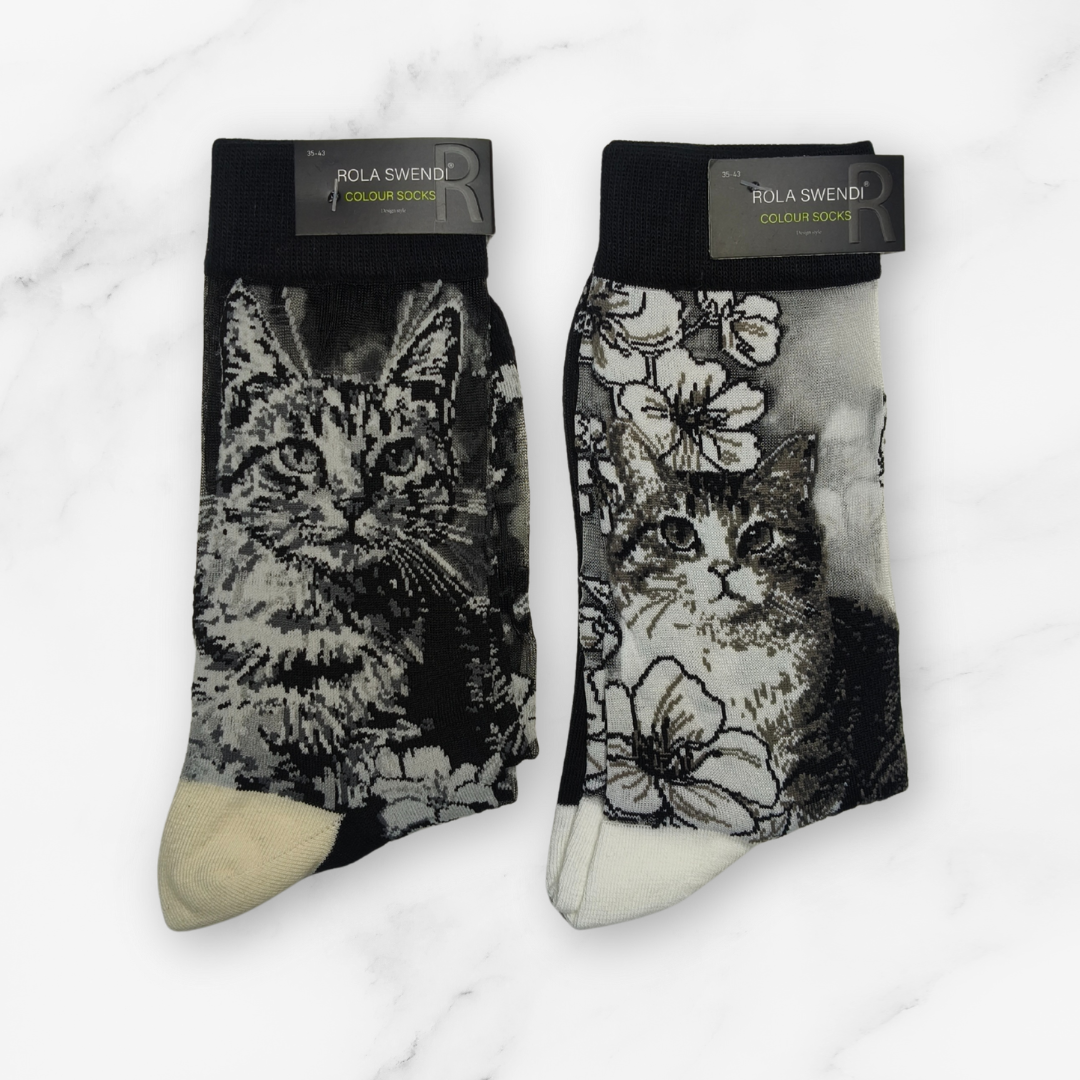 [10032] - 2 Pairs Women's High-Cotton High-Cut Crew Socks – Breathable, Cat/Floral Mix & Everyday Comfort_2