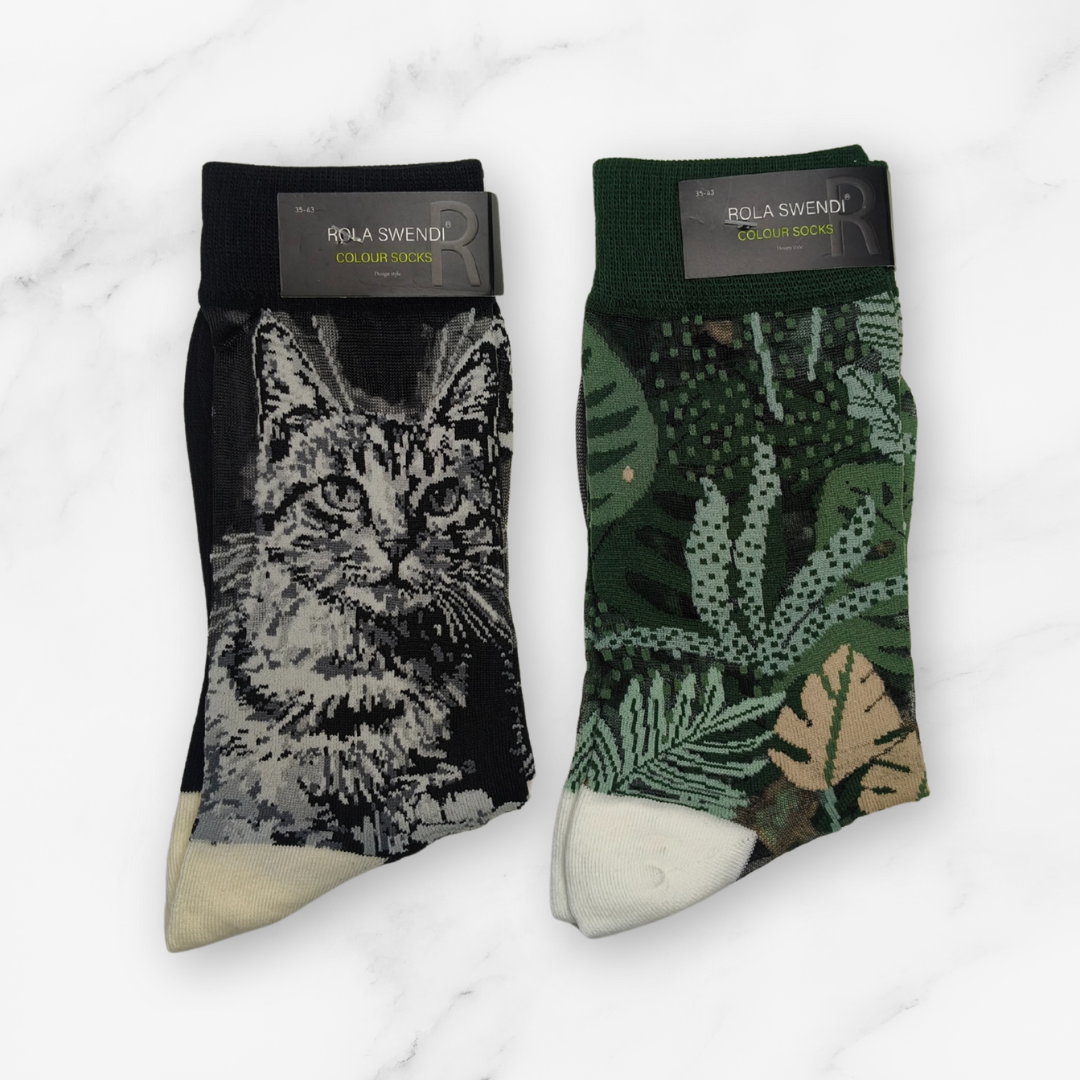 [10034] - 2 Pairs Women's High-Cotton High-Cut Crew Socks – Breathable, Cat/Floral Mix & Everyday Comfort_2