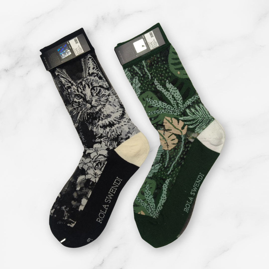 [10034] - 2 Pairs Women's High-Cotton High-Cut Crew Socks – Breathable, Cat/Floral Mix & Everyday Comfort_1