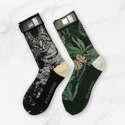 [10034] - 2 Pairs Women's High-Cotton High-Cut Crew Socks – Breathable, Cat/Floral Mix & Everyday Comfort
