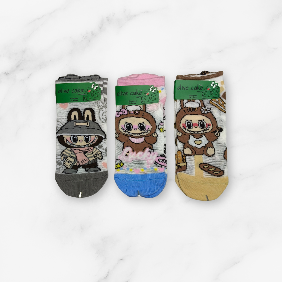 [10040] - 3 Pairs Women's High-Cotton Low-Cut Ankle Socks – Breathable, Assorted Graphic Motifs & Everyday Comfort_2