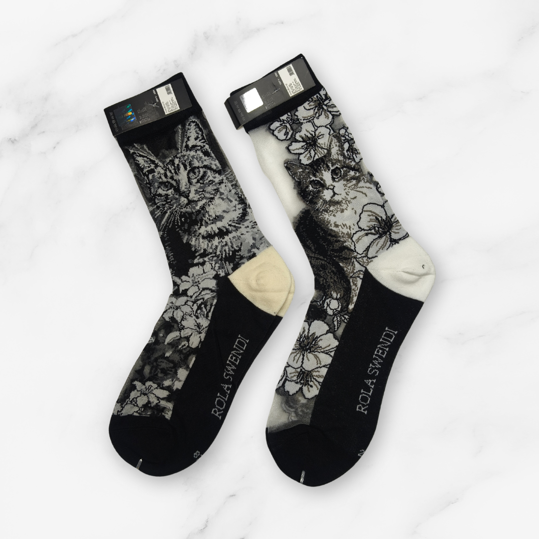 [10032] - 2 Pairs Women's High-Cotton High-Cut Crew Socks – Breathable, Cat/Floral Mix & Everyday Comfort_6