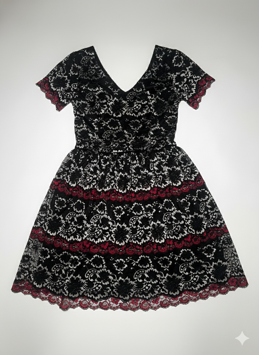 Vestido corto negro con encaje bordado en rojo y beige - Size L_0