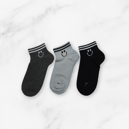 [10113] - 3 Pairs Men’s High-Cotton Low-Cut Ankle Socks – Breathable Stripes/Smile Icons 
