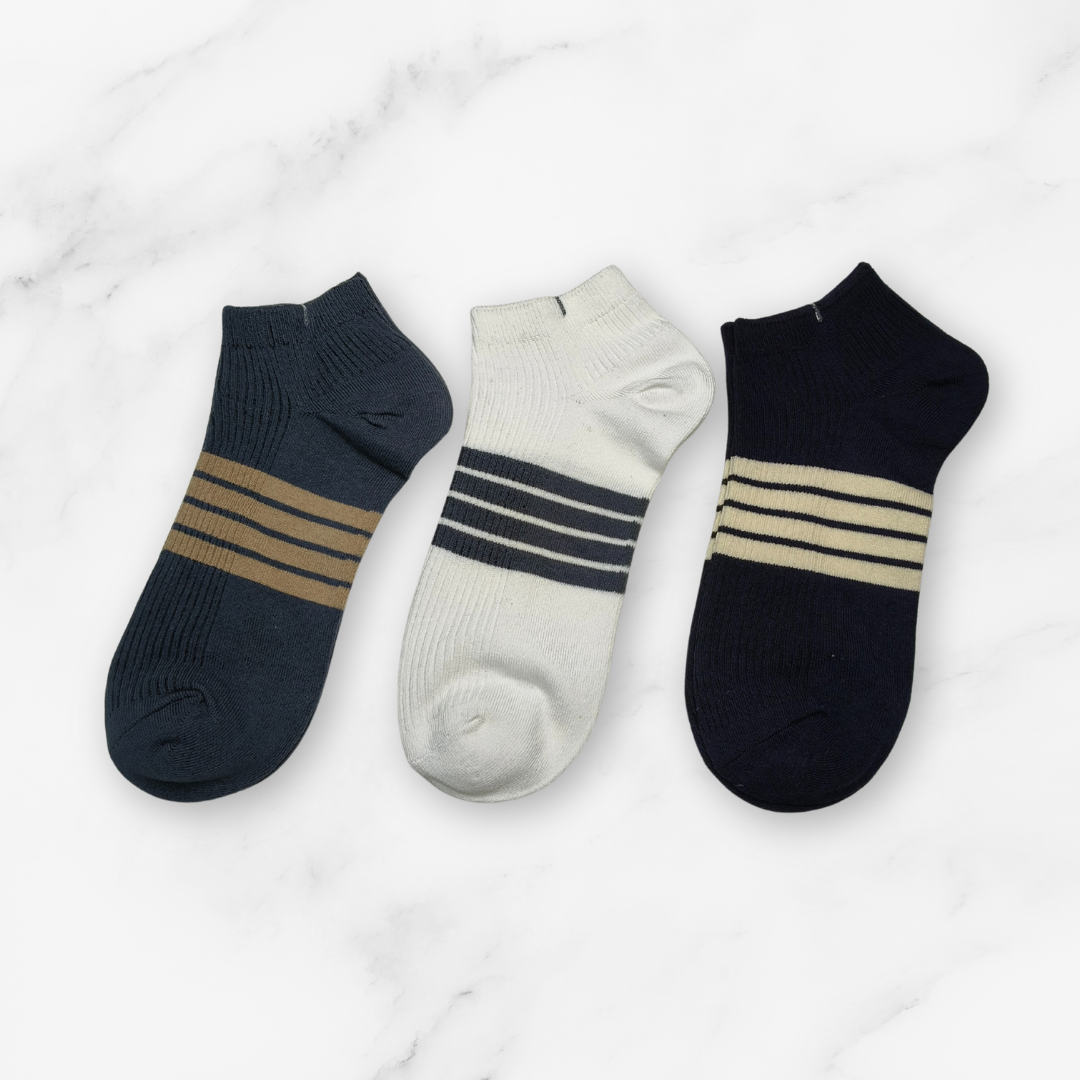 [10108] - 3 Pairs Men’s Cotton Blend Low-Cut Ankle Socks – Breathable Stripes/Plain & Comfort _2