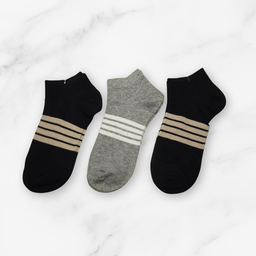 [10108] - 3 Pairs Men’s Cotton Blend Low-Cut Ankle Socks – Breathable Stripes/Plain & Comfort 