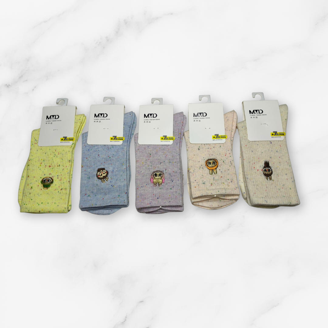 [10101B] - 5 Pairs Women’s Cotton Blend High-Cut Crew Socks – Breathable Graphics/Embroidery & Everyday Comfort_1