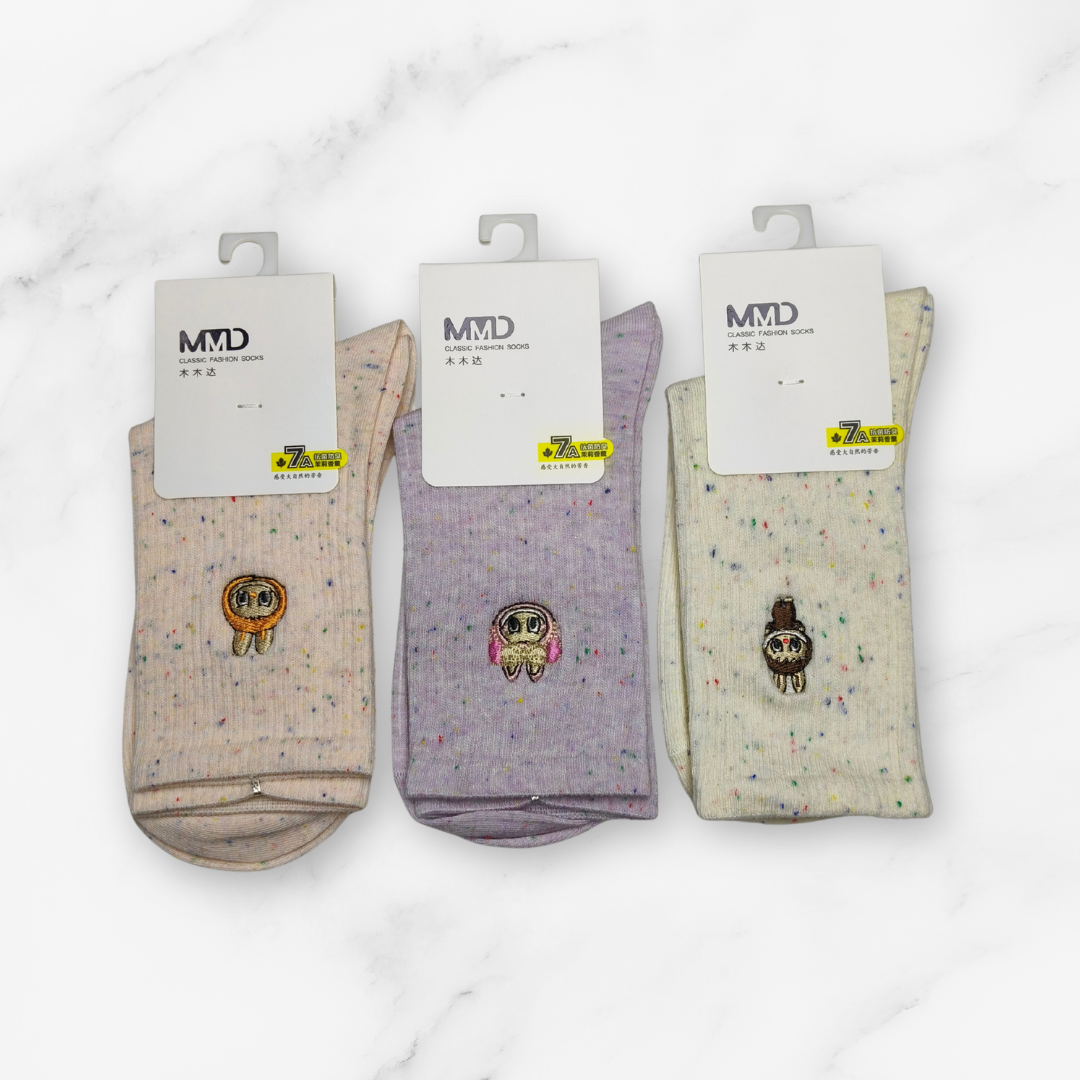 [10101] - 3 Pairs Women’s Cotton Blend High-Cut Crew Socks – Breathable Graphics/Embroidery & Everyday Comfort _4