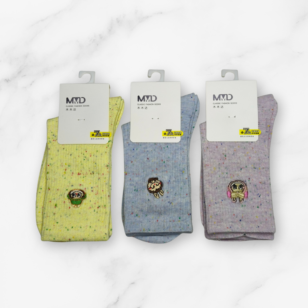 [10101] - 3 Pairs Women’s Cotton Blend High-Cut Crew Socks – Breathable Graphics/Embroidery & Everyday Comfort _3