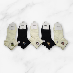[10100B] - 5 Pairs Women’s Cotton Blend Crew Socks – Breathable Graphics/Embroidery & Everyday Comfort