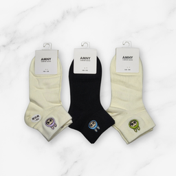 [10100] - 3 Pairs Women’s Cotton Blend Crew Socks – Breathable Graphics/Embroidery & Everyday Comfort 