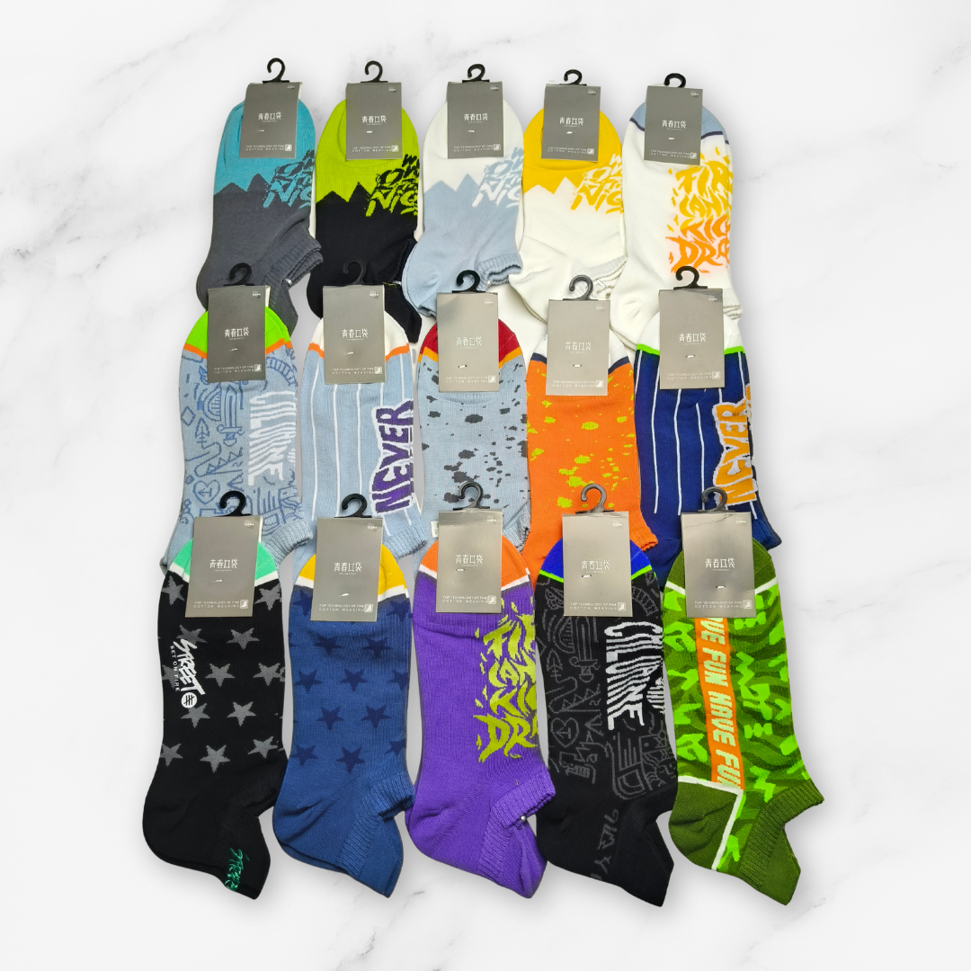 [10098] - 2 Pairs Men’s High-Cotton Low-Cut Ankle Socks – Breathable Stripes/Alphabet Detail _1
