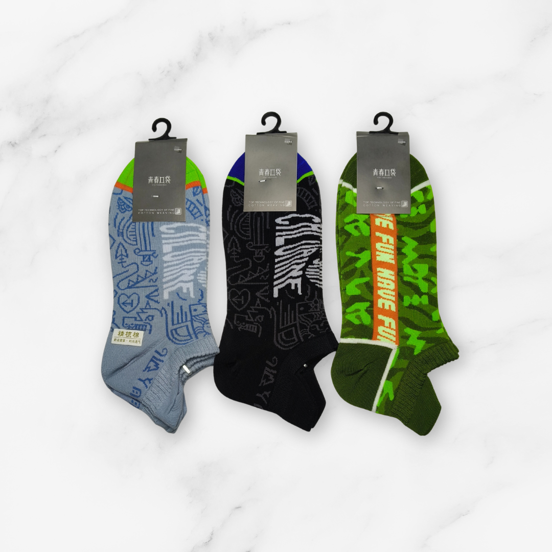 [10098] - 2 Pairs Men’s High-Cotton Low-Cut Ankle Socks – Breathable Stripes/Alphabet Detail _2