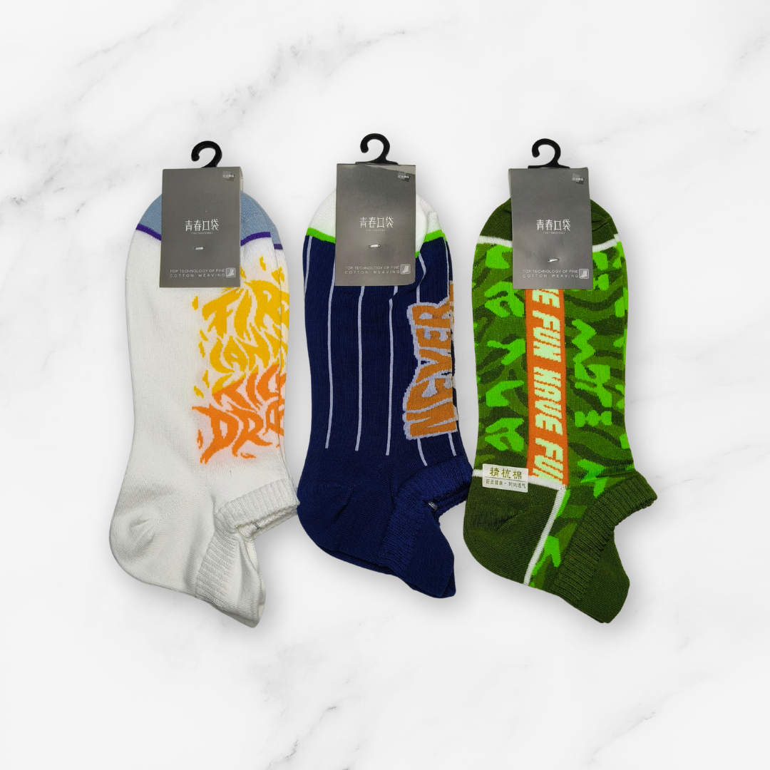 [10098] - 2 Pairs Men’s High-Cotton Low-Cut Ankle Socks – Breathable Stripes/Alphabet Detail _8