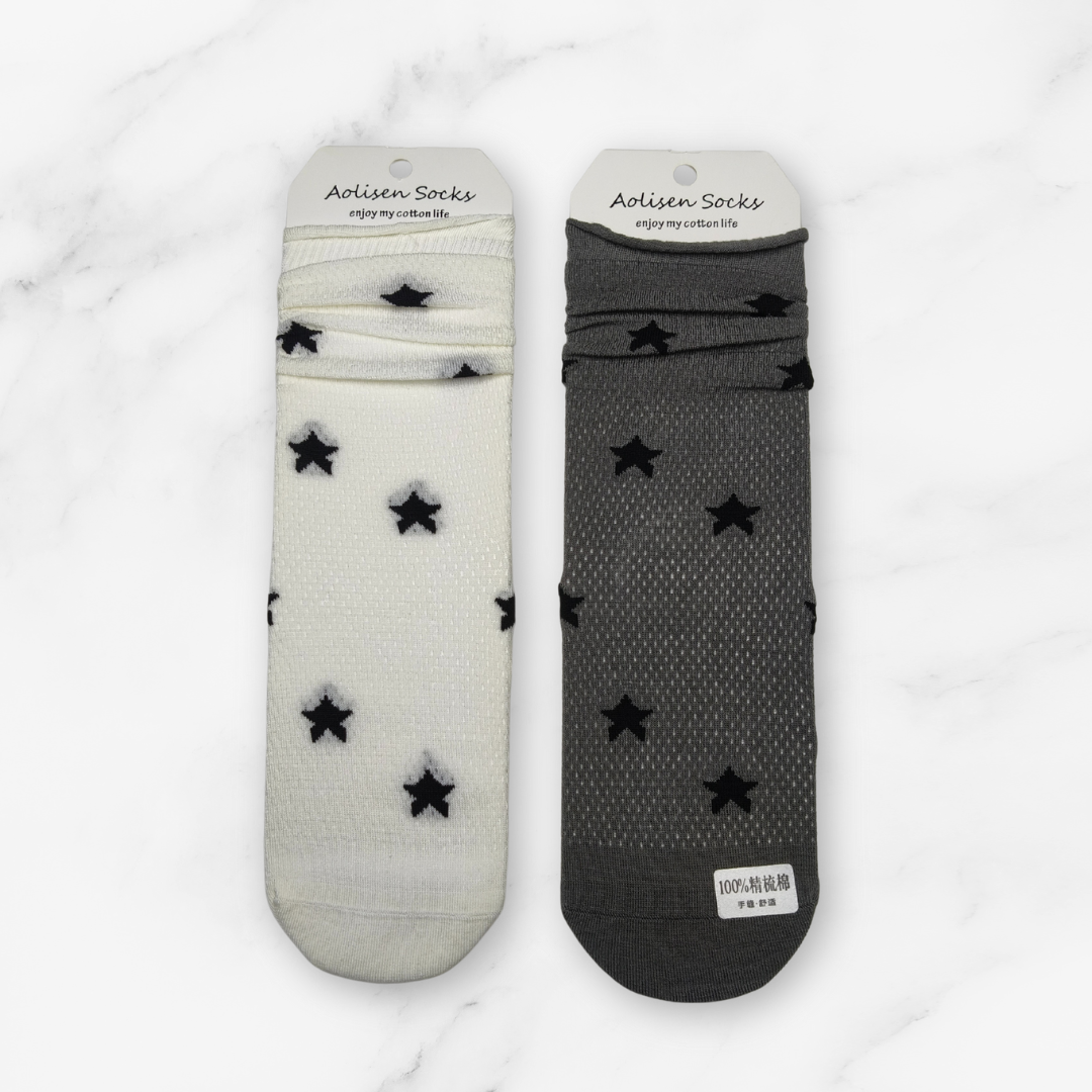 [10096] - 2 Pairs Women’s Cotton Blend Slouch Socks – Breathable Dots/Plain & Comfort _3
