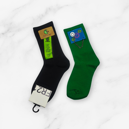 [10091] - 2 Pairs Women’s High-Cotton High-Cut Crew Socks – Breathable Stripes/Graphic Motifs 