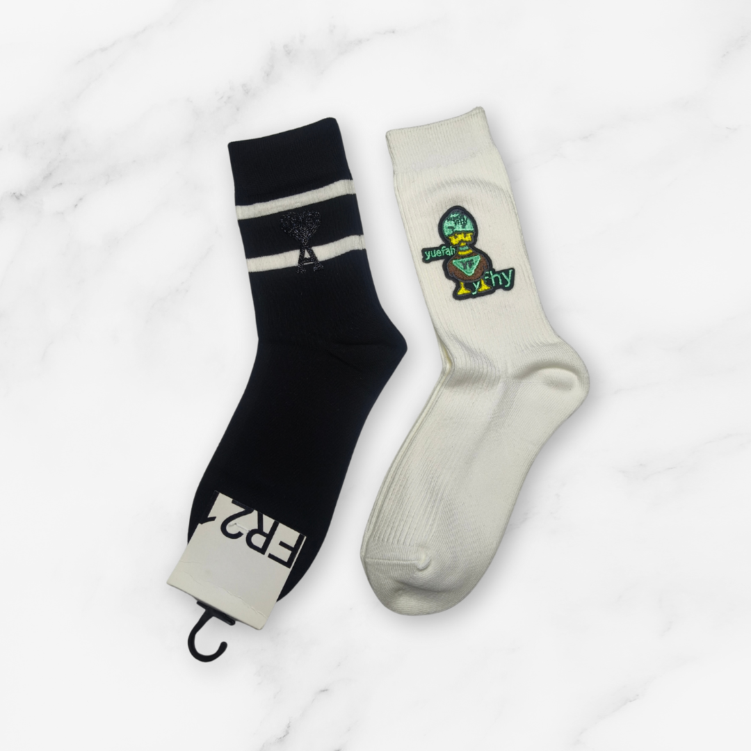 [10091] - 2 Pairs Women’s High-Cotton High-Cut Crew Socks – Breathable Stripes/Graphic Motifs _4