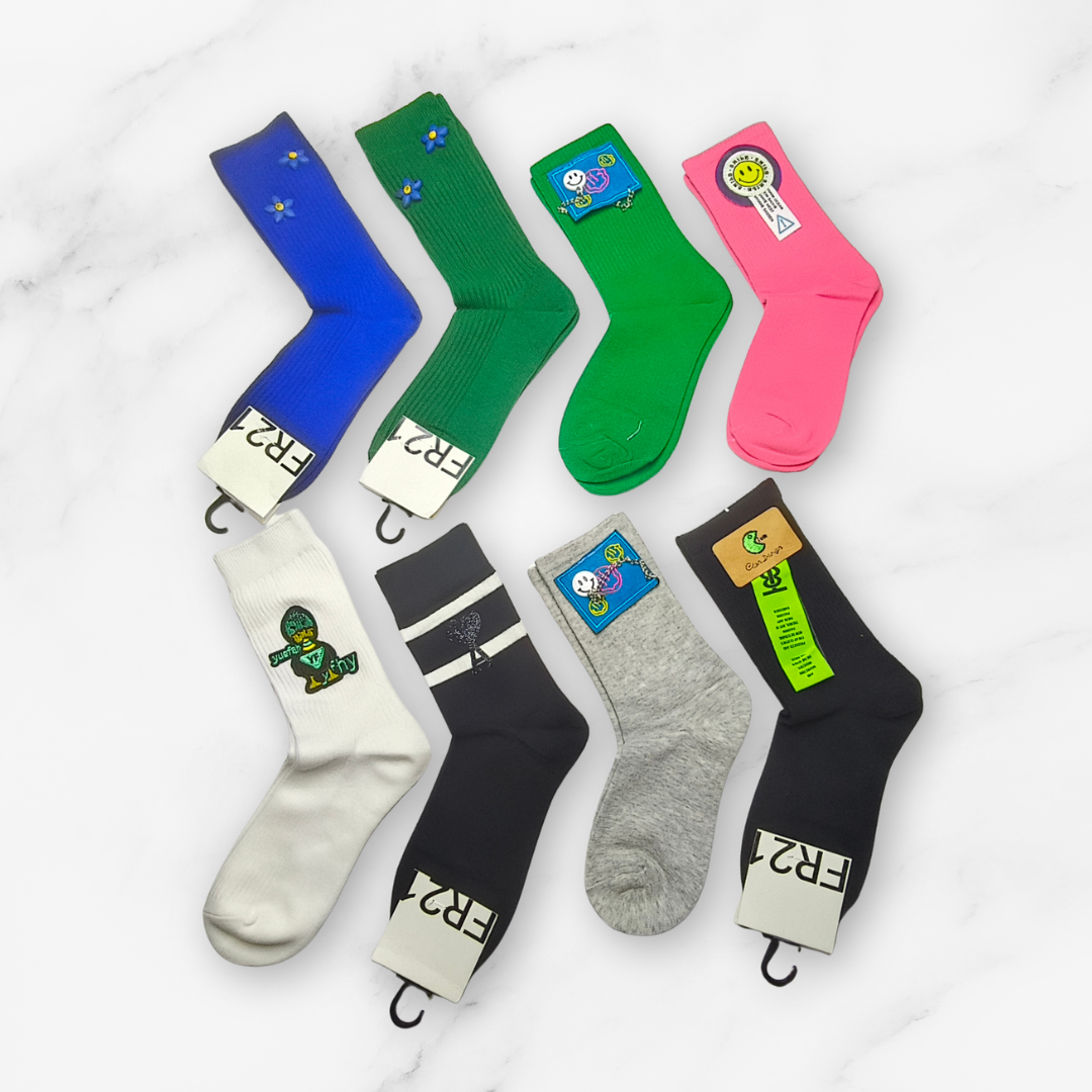 [10091] - 2 Pairs Women’s High-Cotton High-Cut Crew Socks – Breathable Stripes/Graphic Motifs _1