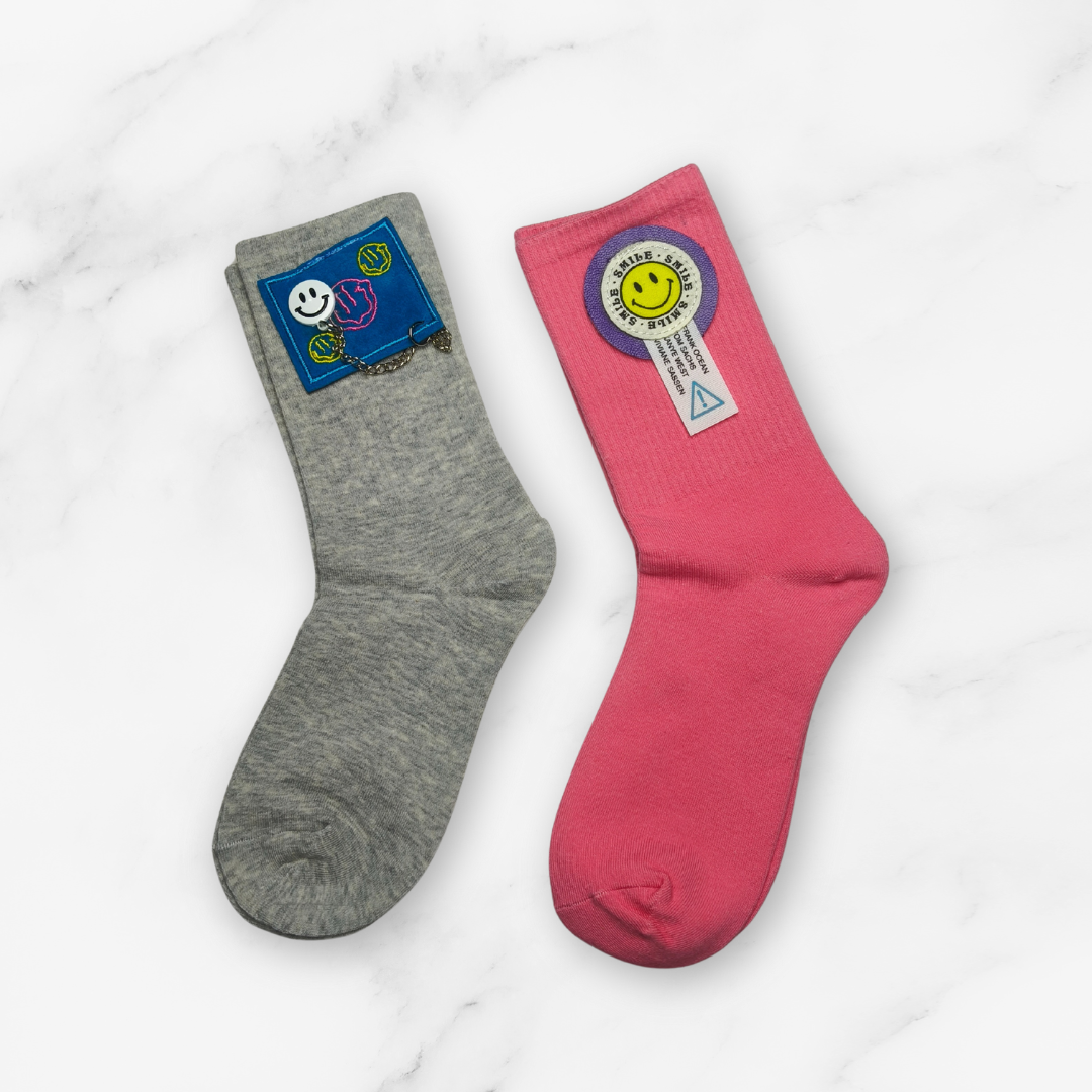 [10091] - 2 Pairs Women’s High-Cotton High-Cut Crew Socks – Breathable Stripes/Graphic Motifs _6