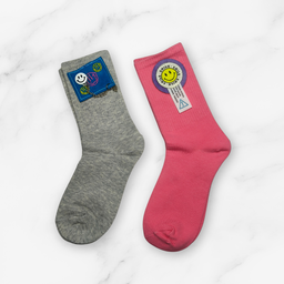[10091] - 2 Pairs Women’s High-Cotton High-Cut Crew Socks – Breathable Stripes/Graphic Motifs 