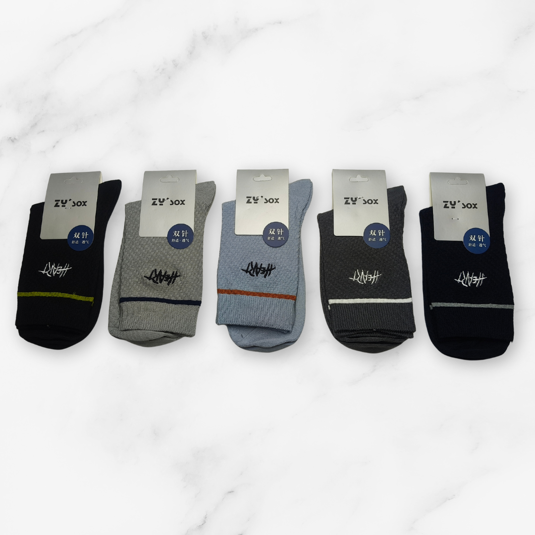 [10088] - 5 Pairs Men’s Cotton Blend High-Cut Crew Socks – Breathable, Embroidered/Stripe Mix & Comfort _1