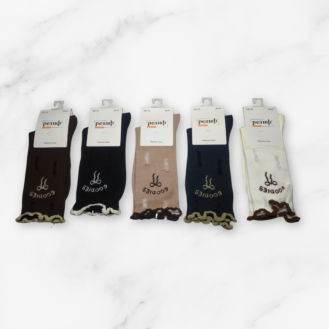 [10081B] - 5 Pairs Women’s High-Cotton High-Cut Crew Socks – Breathable Shapes/Stripes & Everyday Comfort_1