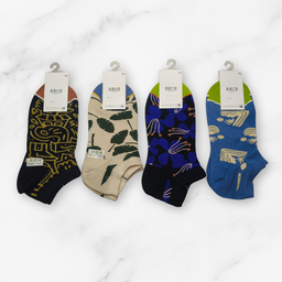 [10078] - 3 Pairs Women’s High-Cotton Low-Cut Ankle Socks – Breathable, Sporty Leaf/Shape Motifs 