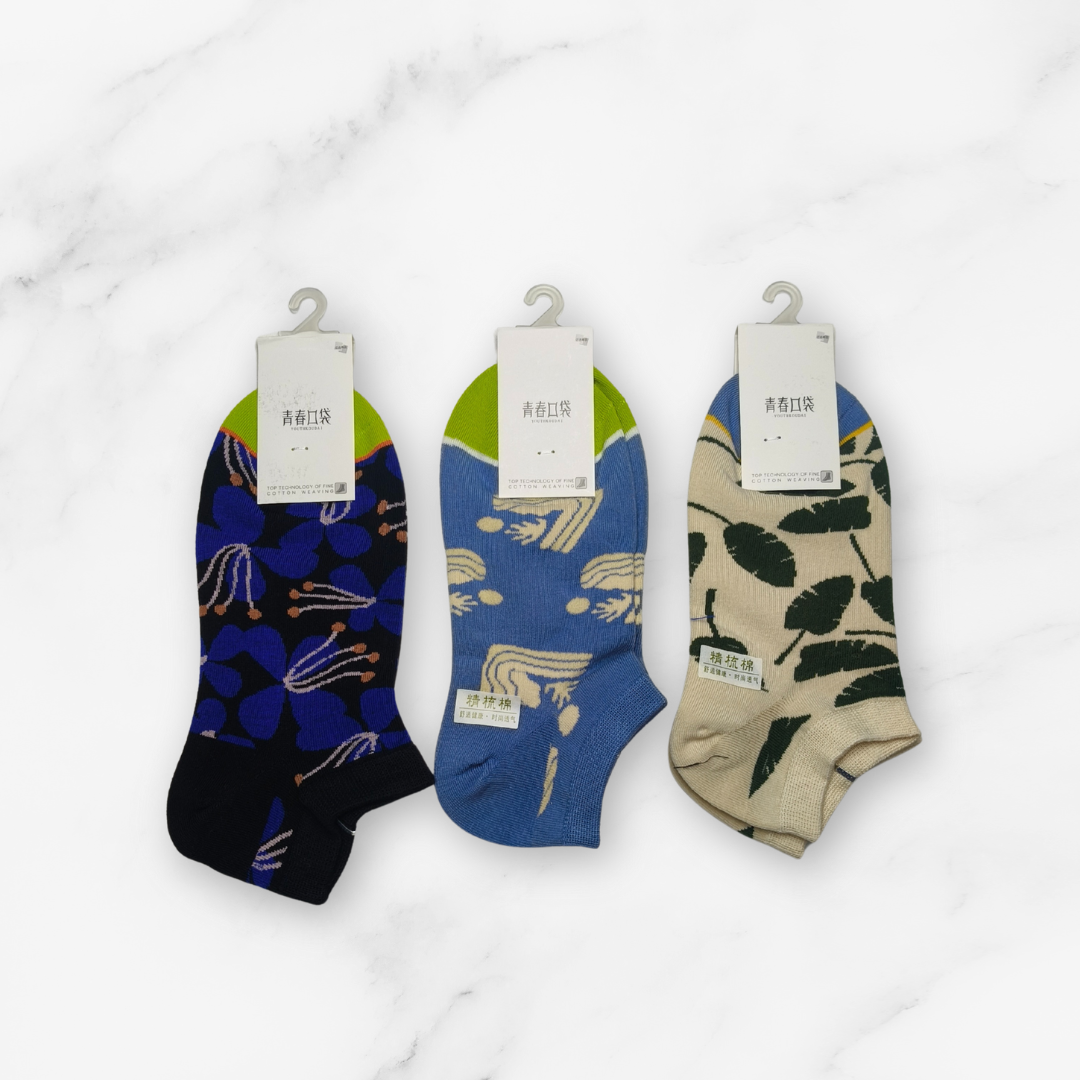 [10078] - 3 Pairs Women’s High-Cotton Low-Cut Ankle Socks – Breathable, Sporty Leaf/Shape Motifs _2