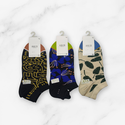 [10078] - 3 Pairs Women’s High-Cotton Low-Cut Ankle Socks – Breathable, Sporty Leaf/Shape Motifs 