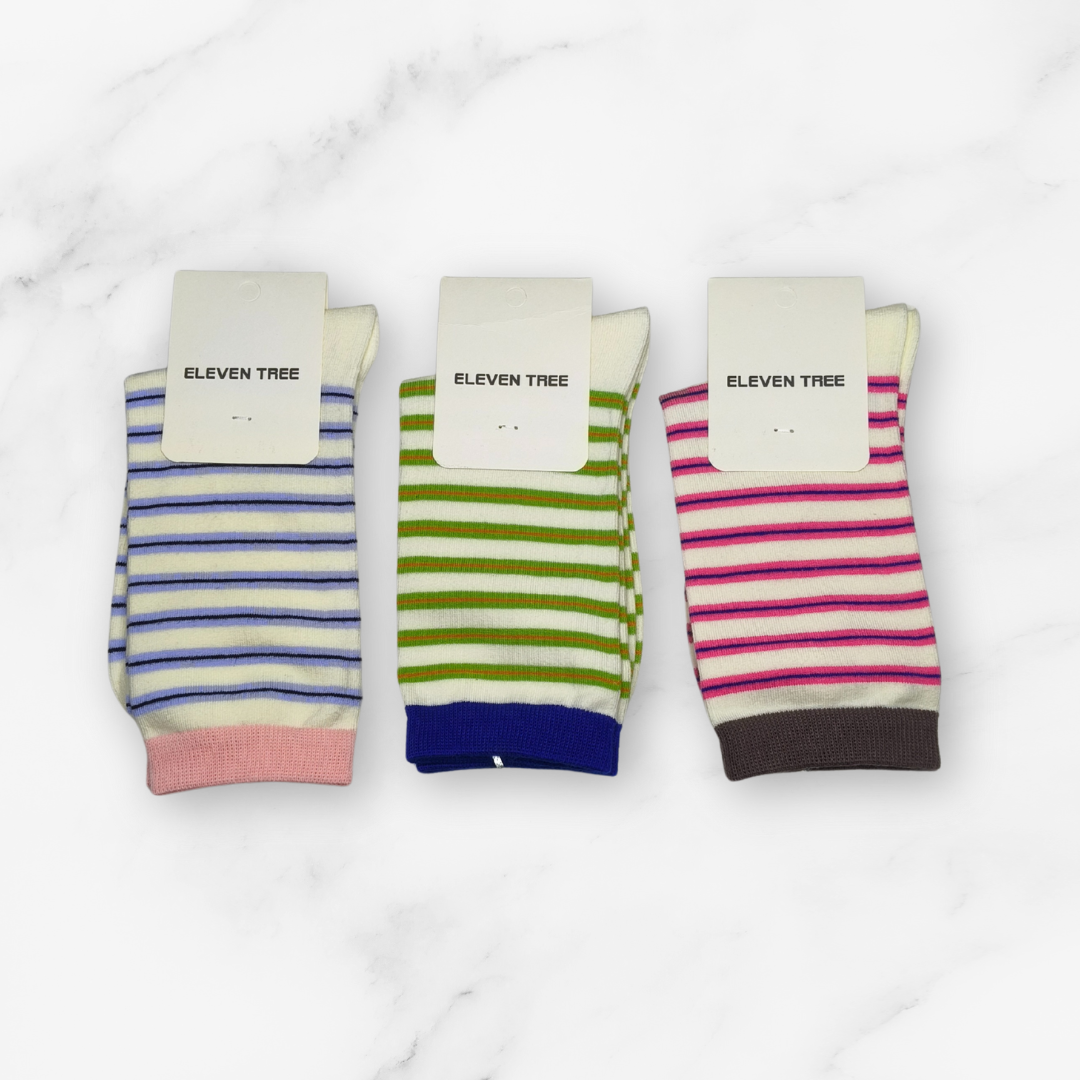 [10052] - 3 Pairs Women’s Cotton Blend High-Cut Crew Socks – Breathable Stripes/Plain & Everyday Comfort _5