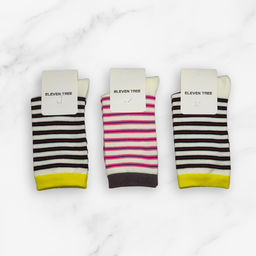 [10052] - 3 Pairs Women’s Cotton Blend High-Cut Crew Socks – Breathable Stripes/Plain & Everyday Comfort 
