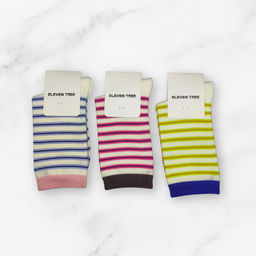 [10052] - 3 Pairs Women’s Cotton Blend High-Cut Crew Socks – Breathable Stripes/Plain & Everyday Comfort 