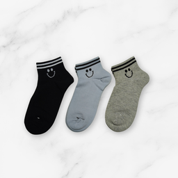 [10113] - 3 Pairs Men’s High-Cotton Low-Cut Ankle Socks – Breathable Stripes/Smile Icons 