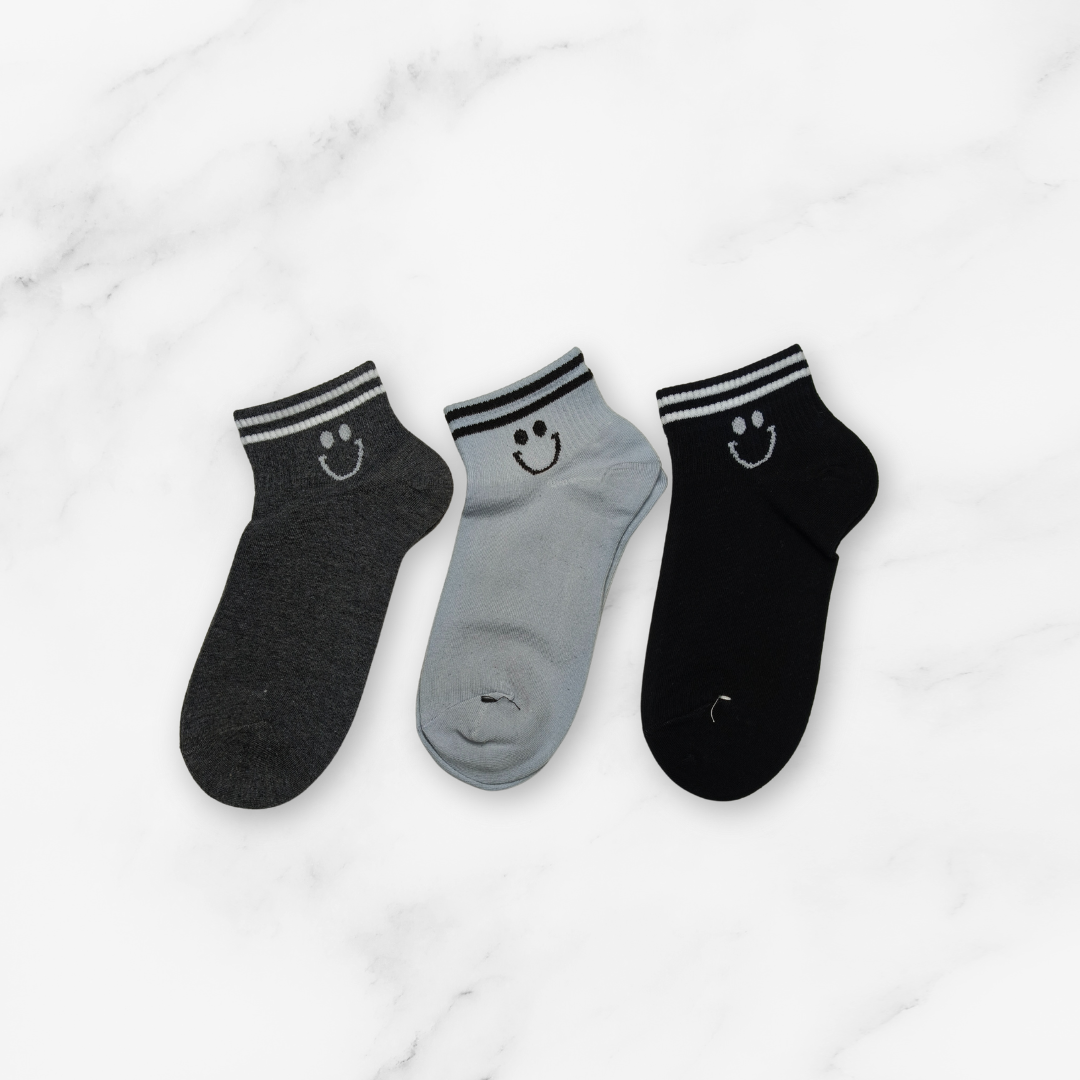 [10113] - 3 Pairs Men’s High-Cotton Low-Cut Ankle Socks – Breathable Stripes/Smile Icons _7
