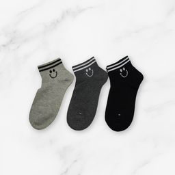 [10113] - 3 Pairs Men’s High-Cotton Low-Cut Ankle Socks – Breathable Stripes/Smile Icons 
