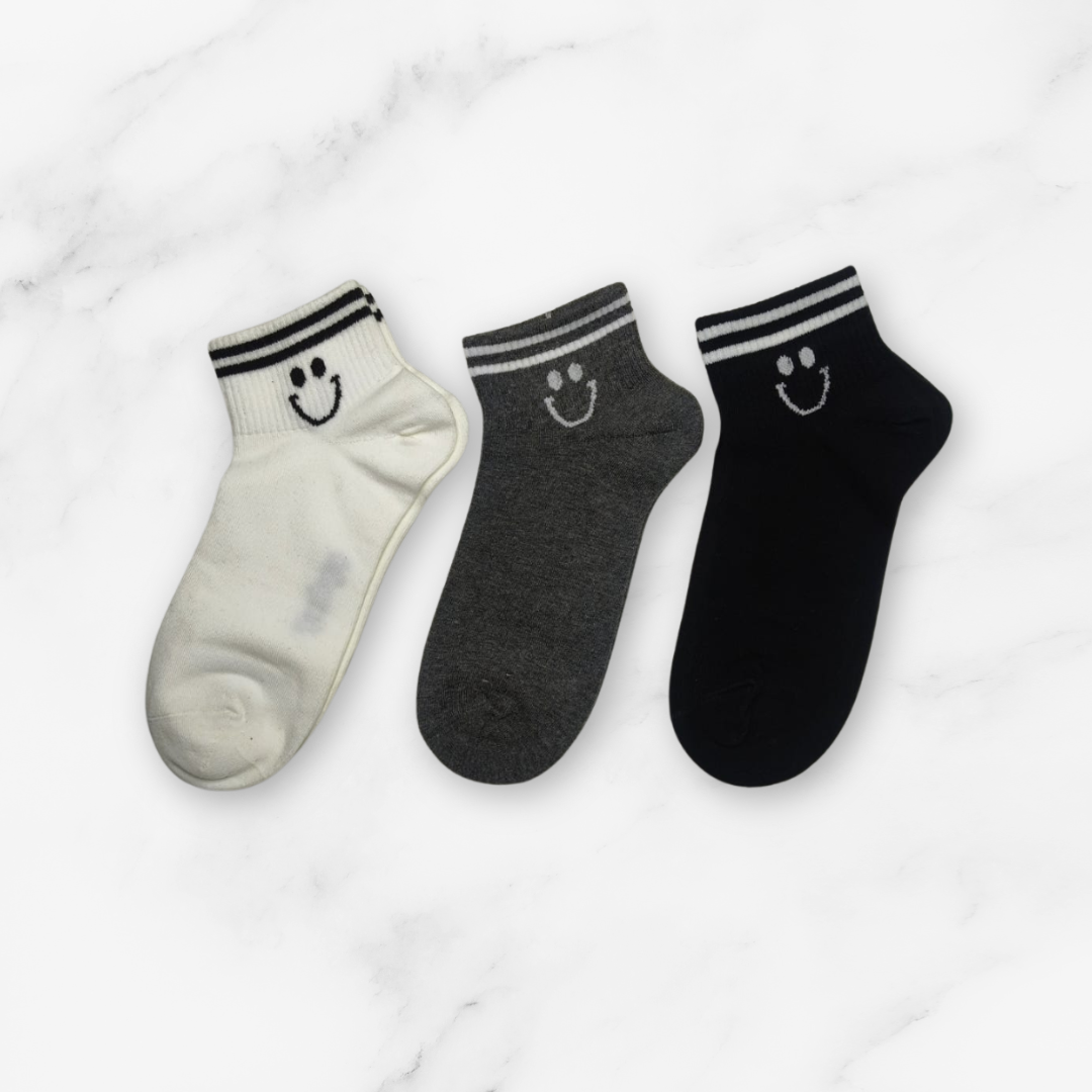 [10113] - 3 Pairs Men’s High-Cotton Low-Cut Ankle Socks – Breathable Stripes/Smile Icons _9