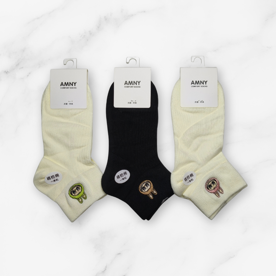 [10100] - 3 Pairs Women’s Cotton Blend Crew Socks – Breathable Graphics/Embroidery & Everyday Comfort _7