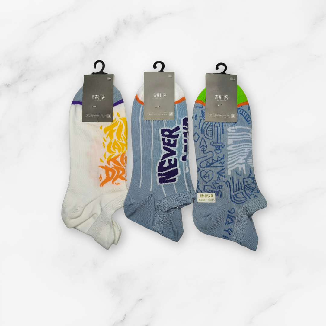 [10098] - 2 Pairs Men’s High-Cotton Low-Cut Ankle Socks – Breathable Stripes/Alphabet Detail _12