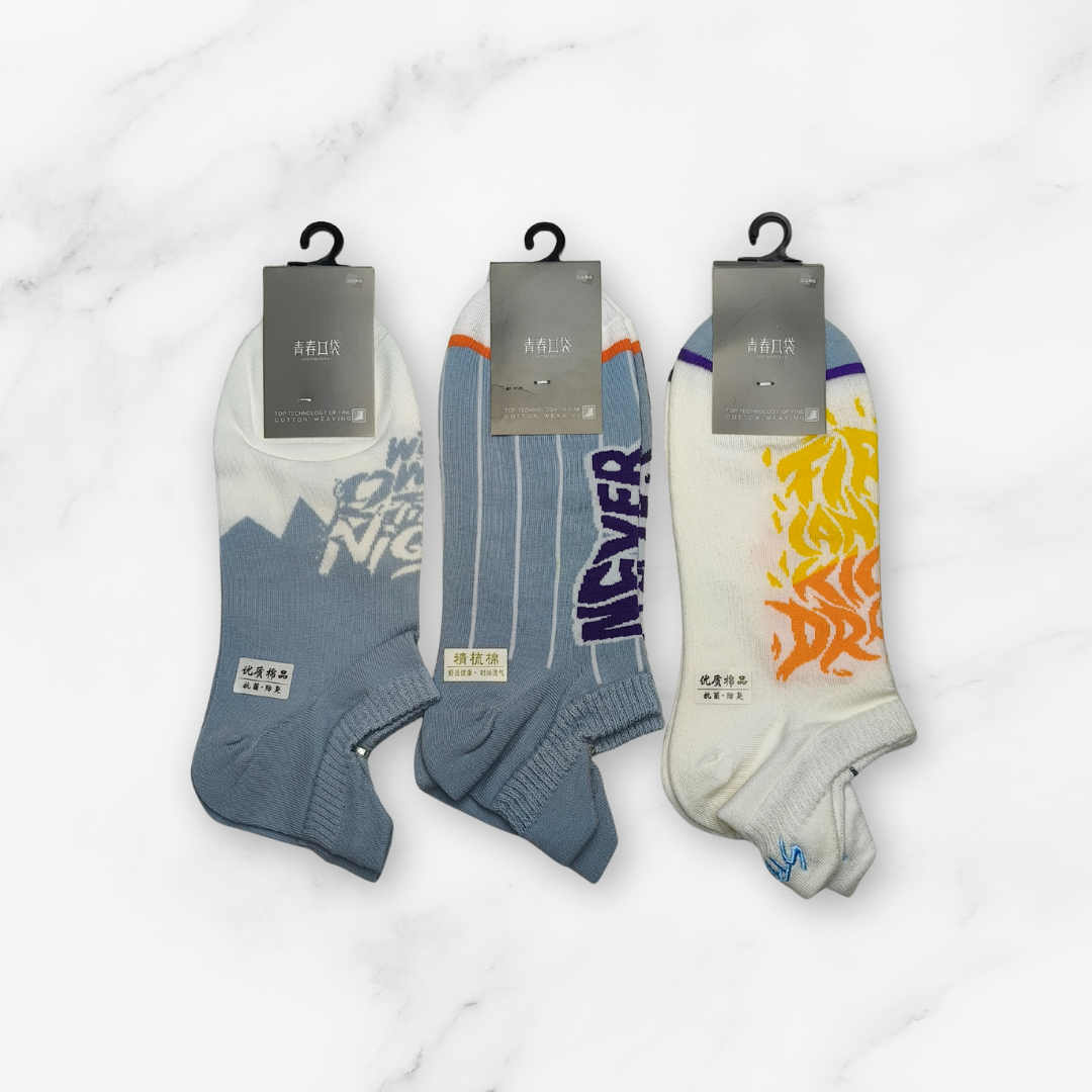 [10098] - 2 Pairs Men’s High-Cotton Low-Cut Ankle Socks – Breathable Stripes/Alphabet Detail _17