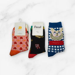 [10097] - 3 Pairs Women’s High-Cotton High-Cut Crew Socks – Breathable Dots/Stripes & Everyday Comfort 