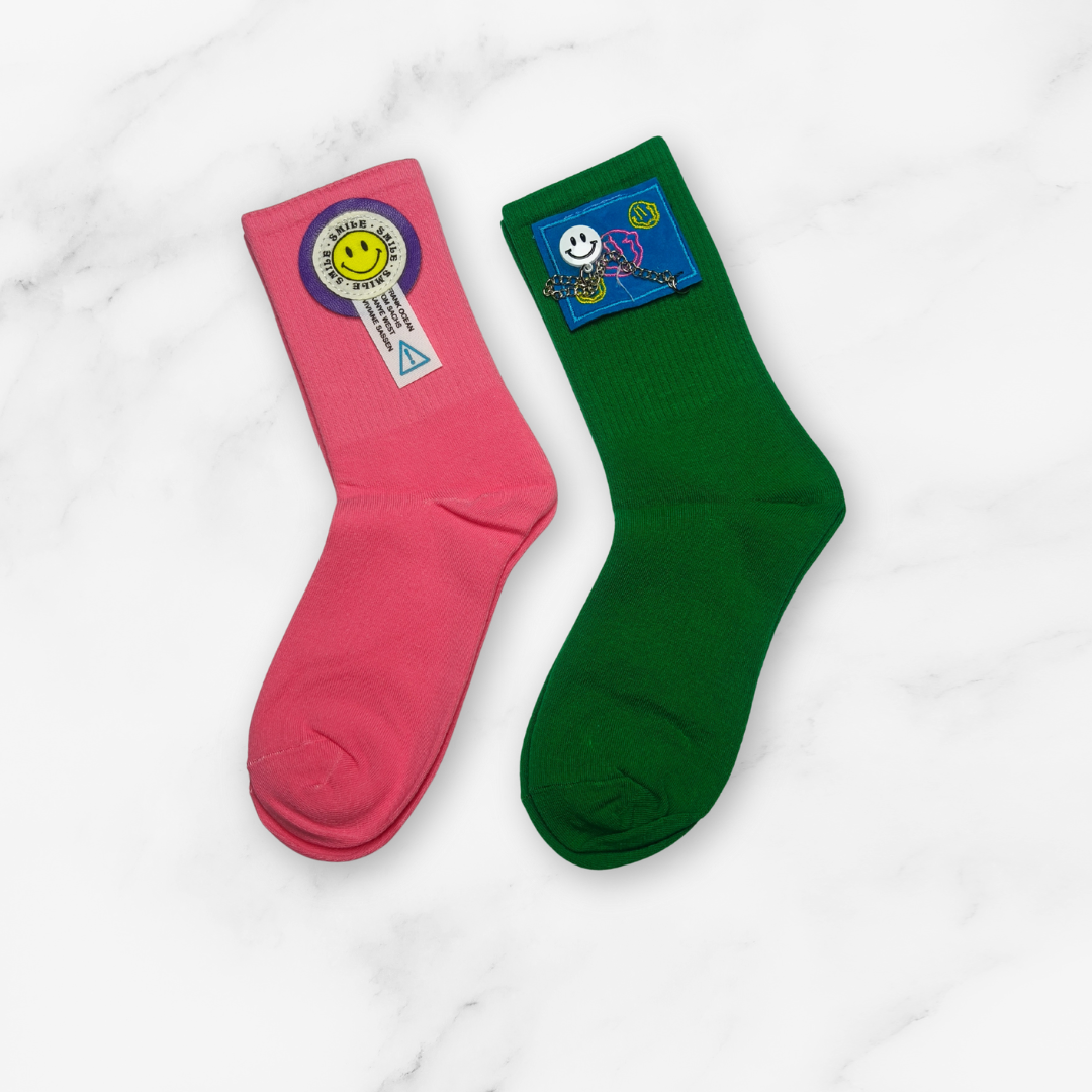[10091] - 2 Pairs Women’s High-Cotton High-Cut Crew Socks – Breathable Stripes/Graphic Motifs _7