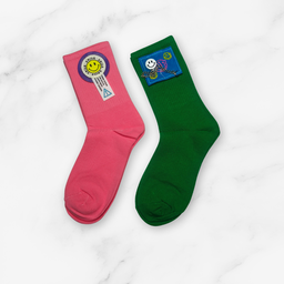 [10091] - 2 Pairs Women’s High-Cotton High-Cut Crew Socks – Breathable Stripes/Graphic Motifs 