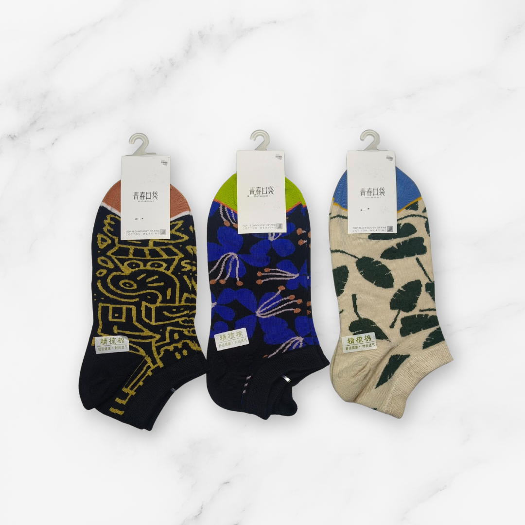 [10078] - 3 Pairs Women’s High-Cotton Low-Cut Ankle Socks – Breathable, Sporty Leaf/Shape Motifs _6