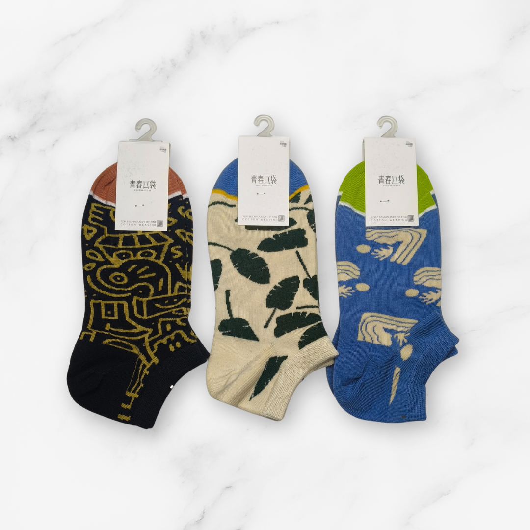 [10078] - 3 Pairs Women’s High-Cotton Low-Cut Ankle Socks – Breathable, Sporty Leaf/Shape Motifs _7
