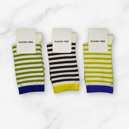 [10052] - 3 Pairs Women’s Cotton Blend High-Cut Crew Socks – Breathable Stripes/Plain & Everyday Comfort 