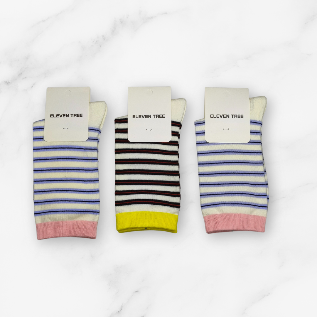 [10052] - 3 Pairs Women’s Cotton Blend High-Cut Crew Socks – Breathable Stripes/Plain & Everyday Comfort _16