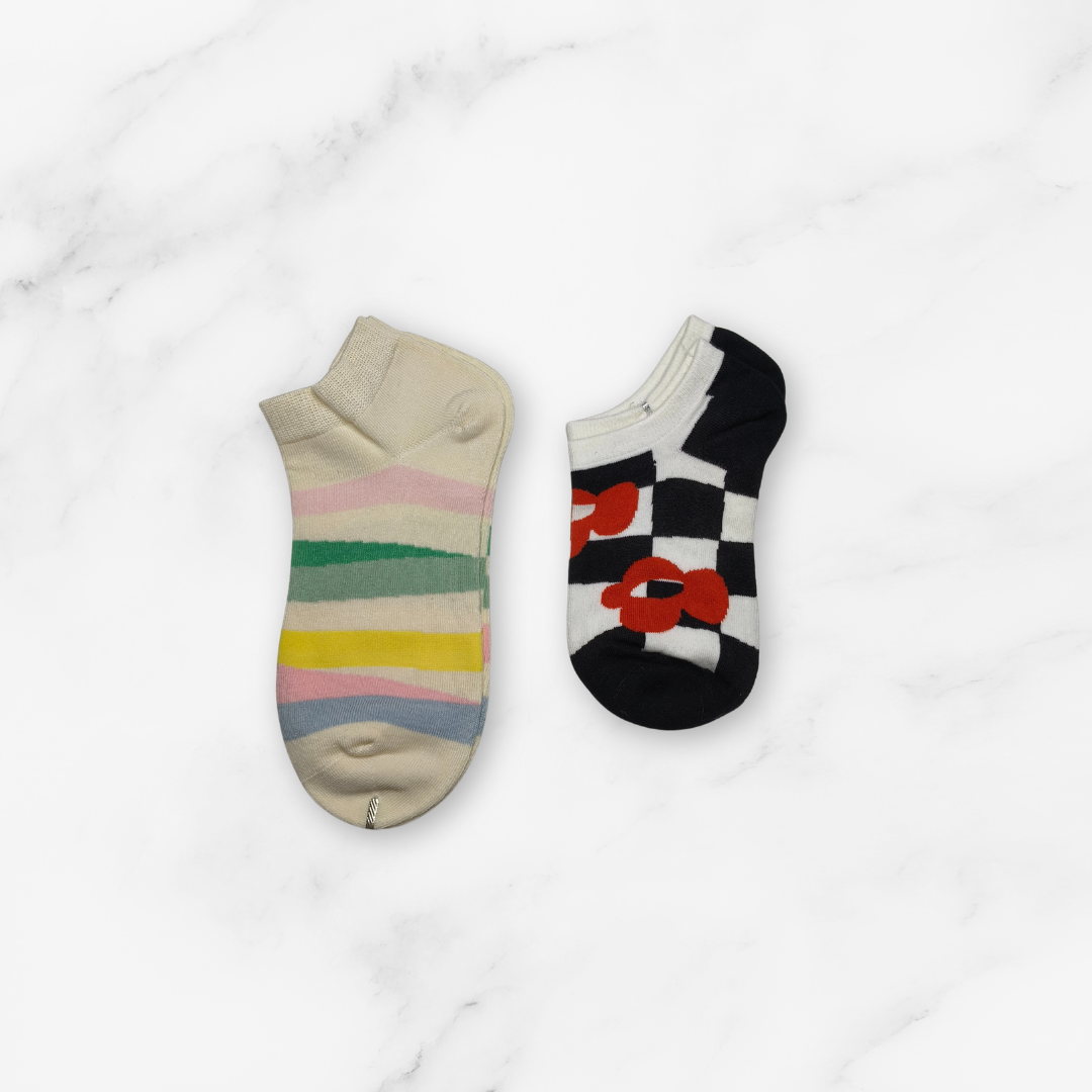 [10192] - 2 Pairs Women’s High-Cotton Low-Cut Ankle Socks – Breathable Shapes/Stripes & Trendy Graphics _2